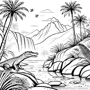 Abenteuerliches Krokodil am Wasserfall Ausmalbild für neugierige Entdecker
