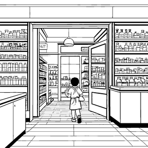 Neugieriger Junge in bunter Apotheke Ausmalmotiv für kleine Entdecker