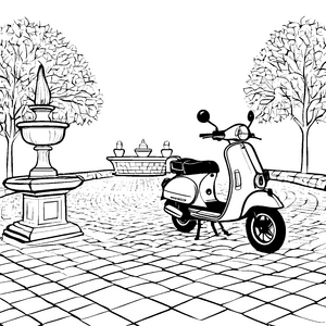 Abenteuerliches Moped auf dem Stadtplatz Ausmalbild für kleine Entdecker
