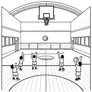 Basketball-Wurfspaß mit fröhlichen Spielern Ausmalbild für sportliche Entdecker