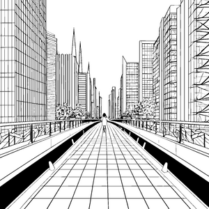 Futuristische Stadtlandschaft mit beeindruckenden Wolkenkratzern Ausmalvorlage für neugierige Stadtentdecker