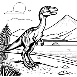 Dynamischer Velociraptor in spannender Landschaft Ausmalvorlage für neugierige Dinoschnüffler