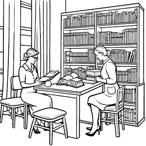 Wissbegierige Bibliothekarinnen bei der Buchorganisation Ausmalbild für kreative Wissensentdecker