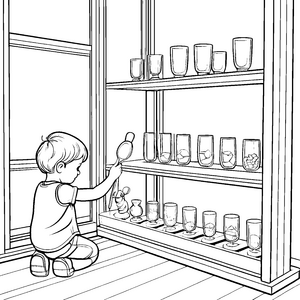 Neugieriger Junge entdeckt schimmernde Schätze in der Vitrine Ausmalbild für kleine Forscher