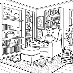 Entspannender Lesesessel mit spannender Buchreihe Ausmalvorlage für neugierige Bücherwürmer