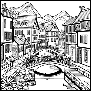 Charmante Häuser am malerischen Kanal Ausmalbild für kleine Entdecker