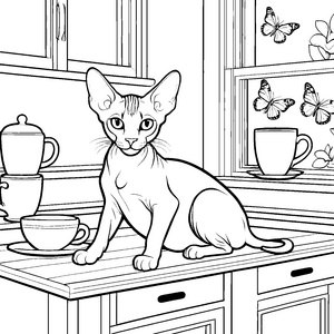Sphynx Katze auf dem Küchentisch mit Schmetterlingen Ausmalbild für neugierige Katzenfreunde