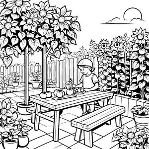 Fröhliche Tomatenernte im bunten Garten Ausmalvorlage für kleine Gärtnerfreunde