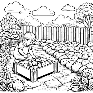 Kreativer Junge bei der Kartoffelernte Malvorlage für kleine Gartenfreunde