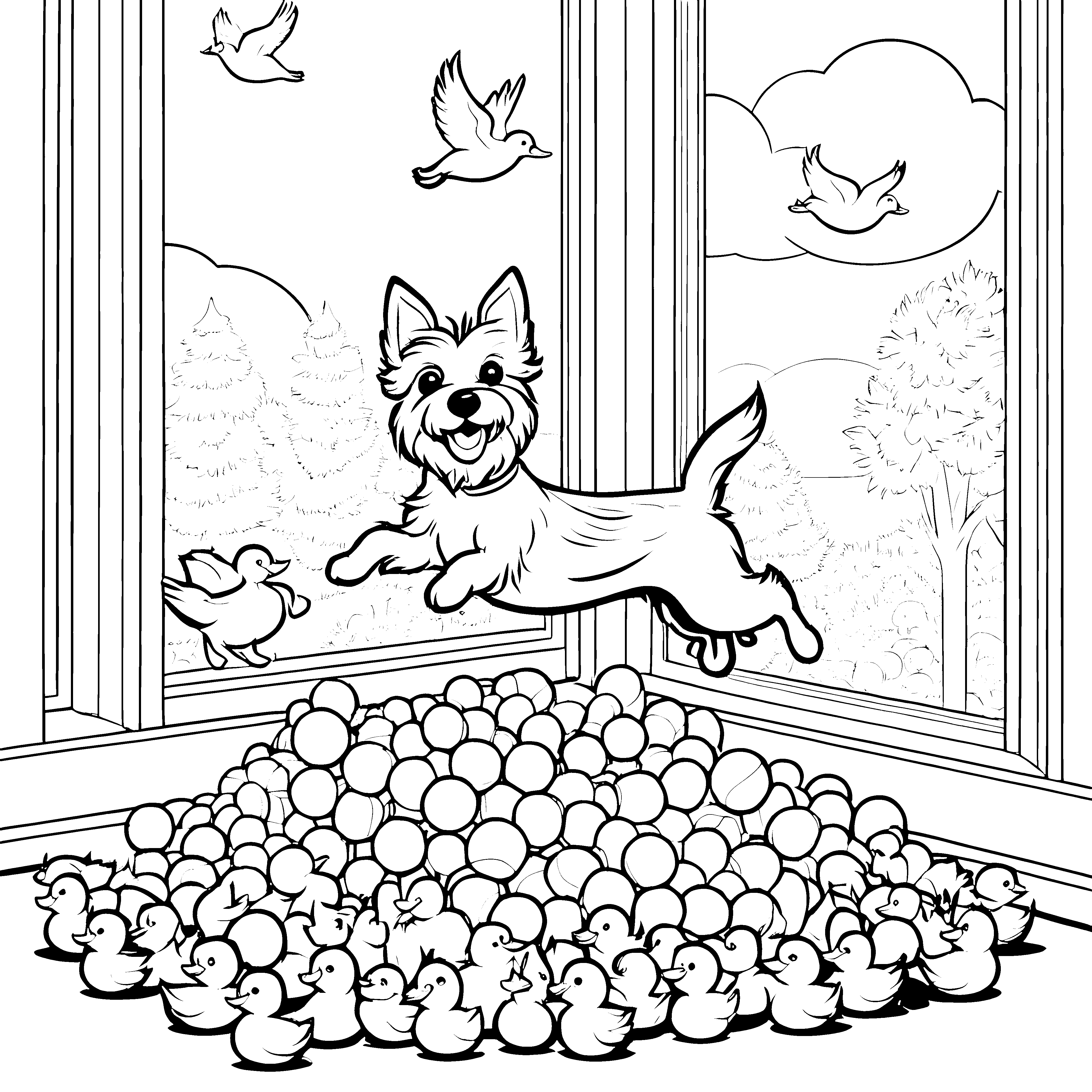 Spritziger Yorkshire Terrier beim Spielen mit Enten Ausmalbild für fröhliche Tierentdecker