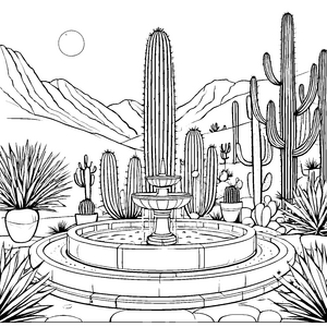 Bezaubernde Kakteenlandschaft mit sprudelndem Brunnen Ausmalbild für neugierige Naturfreunde