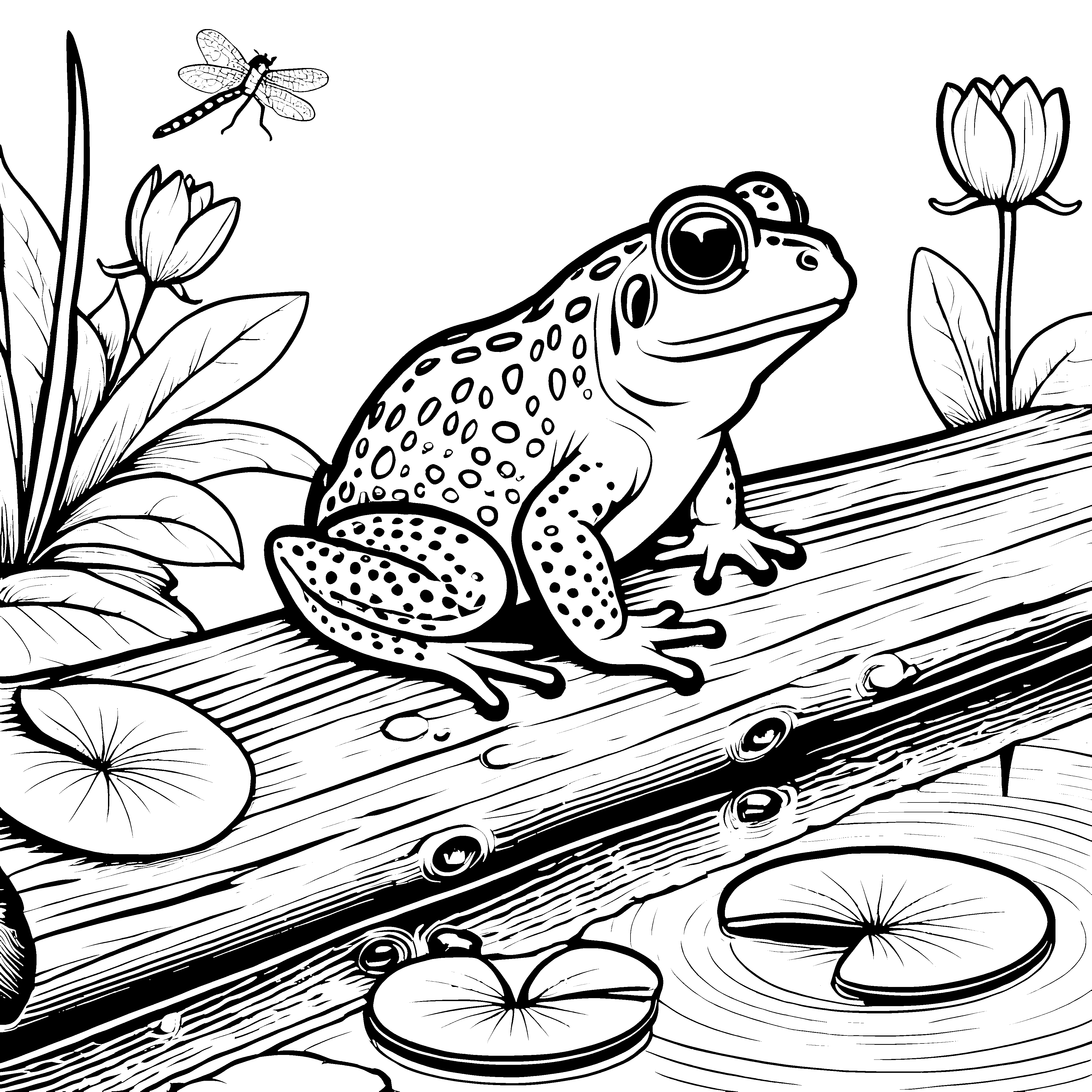 Bezaubernde Kröte auf schimmerndem Wasserlilienblatt Ausmalbild für kleine Naturforscher