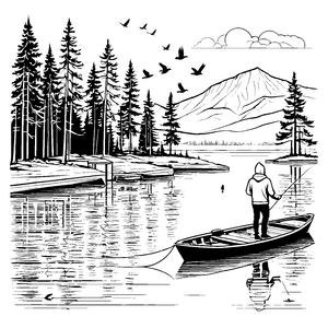 Friedliches Angeln an einem idyllischen See Ausmalbild für abenteuerlustige Naturentdecker