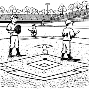 Spannendes Baseballspiel mit mutigen Spielern Ausmalvorlage für kreative Sportfreunde