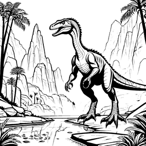 Beeindruckender Velociraptor in urzeitlicher Landschaft Ausmalmotiv für mutige Dino-Entdecker
