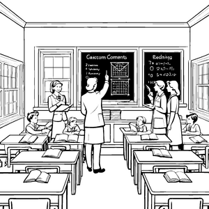 Inspirierendes Klassenzimmer mit lehrreichen Tafelmotiven Ausmalbild für wissbegierige Köpfe