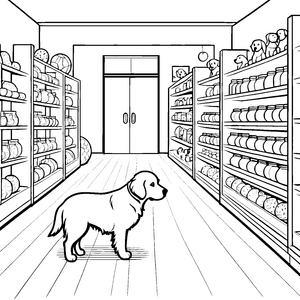 Neugieriger Golden Retriever im bunten Spielzeugladen Ausmalbild für lustige Entdecker