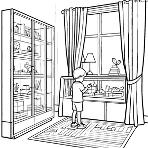 Entdeckungsreise in der Vitrine mit bunten Schätzen Ausmalvorlage für neugierige Entdecker