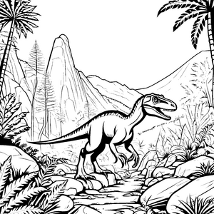 Spannender Velociraptor auf Abenteuer-Tour Ausmalmotiv für neugierige Entdecker