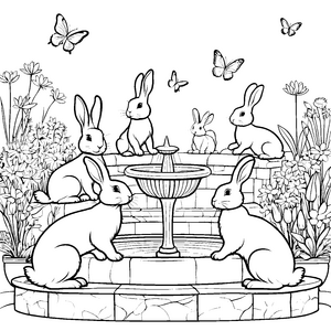 Verspielte Hasen um sprudelnden Brunnen Ausmalbild für neugierige Naturentdecker