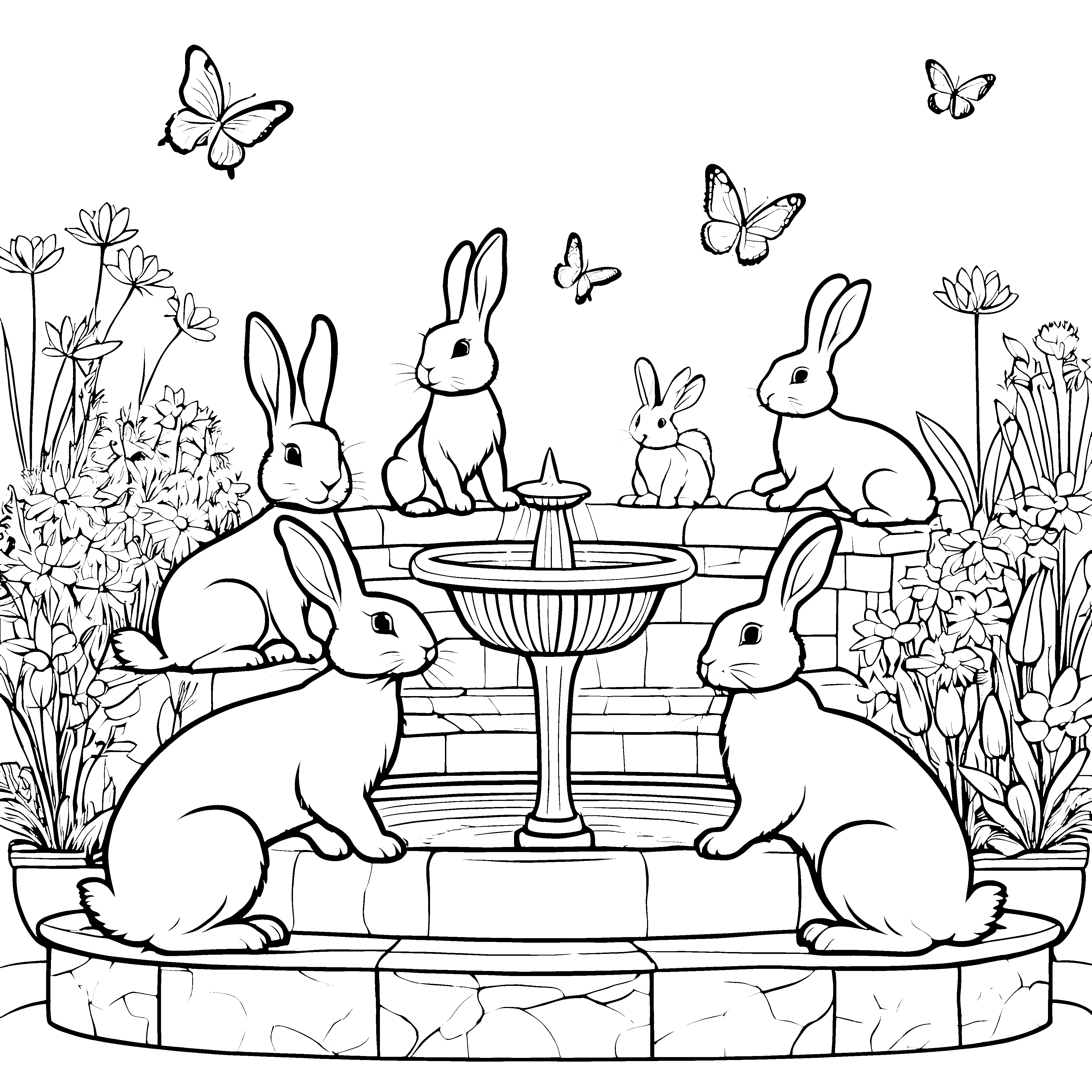 Verspielte Hasen um sprudelnden Brunnen Ausmalbild für neugierige Naturentdecker