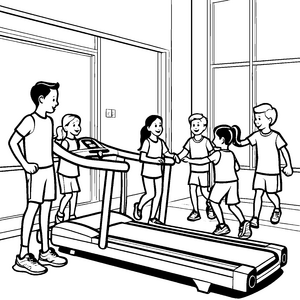 Sportliches Laufband mit fröhlichen Kindern Malvorlage für energiegeladene Entdecker