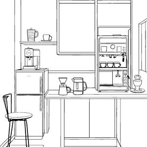 Moderne Kaffeemaschine in der eleganten Küche Ausmalvorlage für kreative Genießer