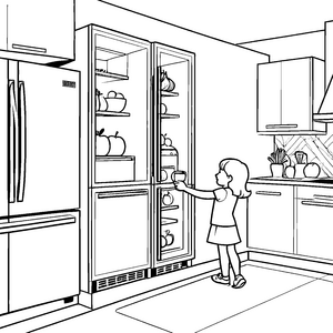 Kühlschrank voller frischer Snacks Ausmalbild für neugierige Küchenchefs