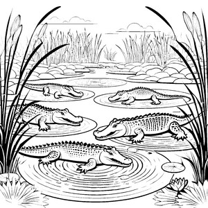 Fünf neugierige Krokodile im Wasser Ausmalvorlage für kleine Wasserabenteurer