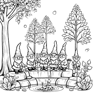 Fröhliche Gartenzwerge am Teichrand Ausmalmotiv für kreative Naturentdecker
