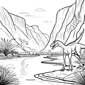Spannender Velociraptor am glitzernden Wasser Ausmalbild für neugierige Entdecker
