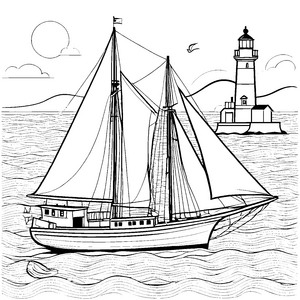 Faszinierendes Segelschiff vor leuchtendem Leuchtturm Ausmalbild für kleine Nautikfreunde