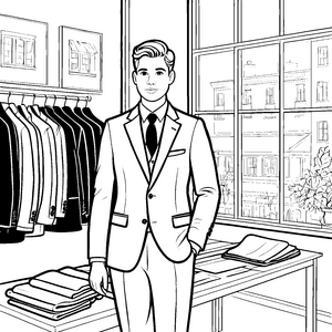 Stilvoller Anzugträger in eleganter Boutique Ausmalmotiv für kreative Modebegeisterte