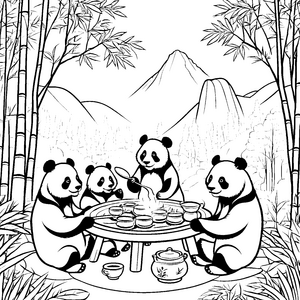 Fröhliche Pandas beim Tee auf malerischer Bergwiese Ausmalvorlage für neugierige Tierentdecker