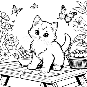 Verspieltes Kätzchen zwischen bunten Blumen Ausmalbild für neugierige Tierfreunde