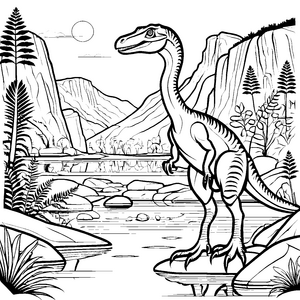 Beeindruckender Velociraptor am glitzernden Wasser Ausmalbild für abenteuerlustige Entdecker