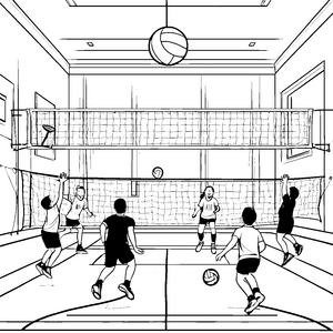 Spielfreudige Volleyball-Action mit Freunden Ausmalbild für sportliche Entdecker