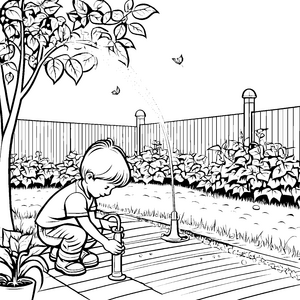 Spritzender Rasensprenger im bunten Garten Ausmalbild für fröhliche Wasserabenteurer