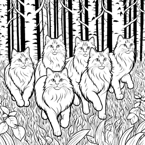 Sechs herzerwärmende Norwegische Waldkatzen im Wald Ausmalvorlage für abenteuerlustige Tierfreunde