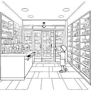 Spannender Apothekenbesuch mit vielen Überraschungen Ausmalbild für neugierige Gesundheitsforscher