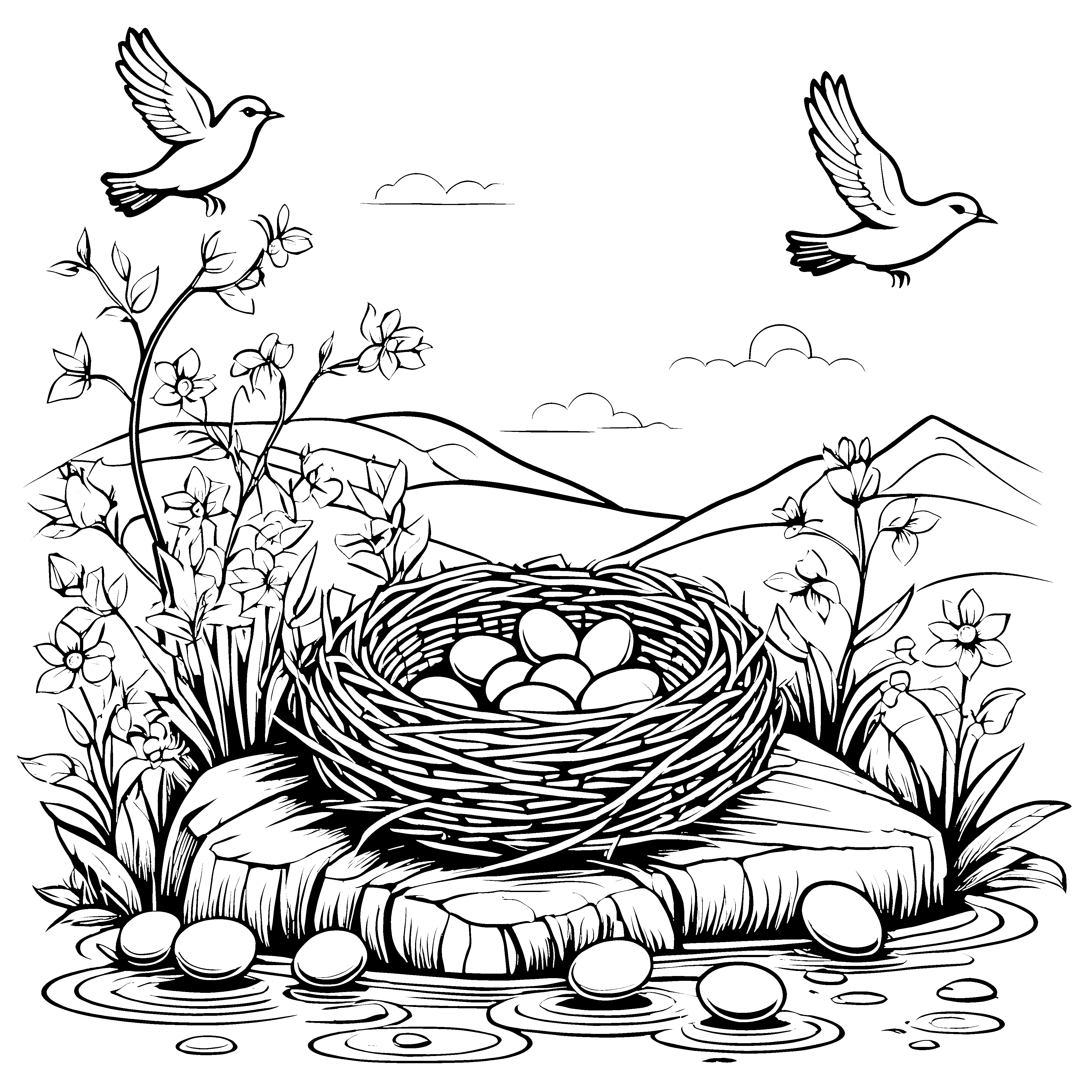 Fröhliches Osternest mit schimmernden Eiern Ausmalvorlage für neugierige Entdecker