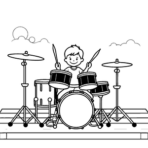 Rhythmischer Junge am bunten Schlagzeug Ausmalbild für kleine Musikfreunde