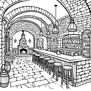 Gemütliche Taverne mit knisterndem Kamin Ausmalvorlage für neugierige Entdecker