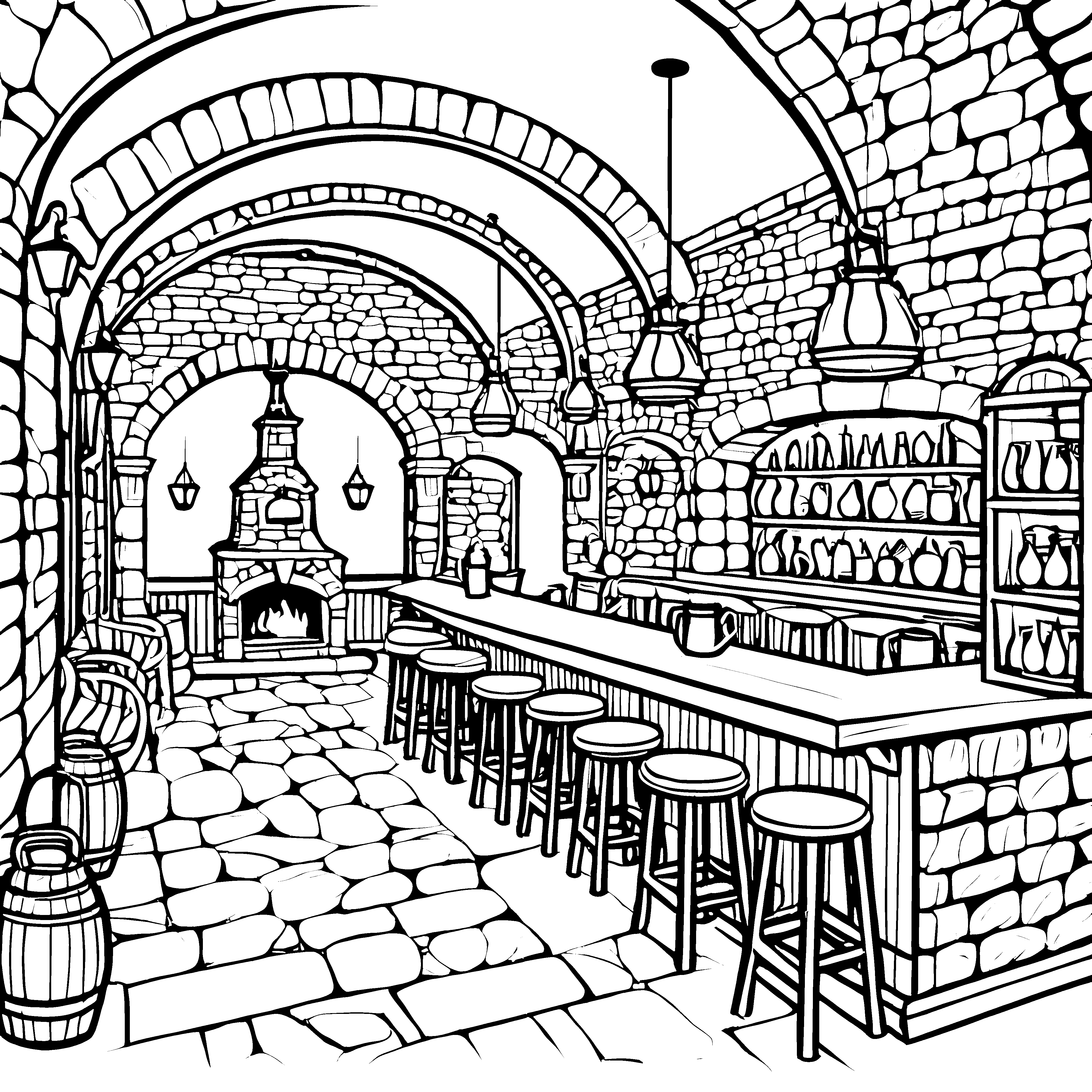 Gemütliche Taverne mit knisterndem Kamin Ausmalvorlage für neugierige Entdecker