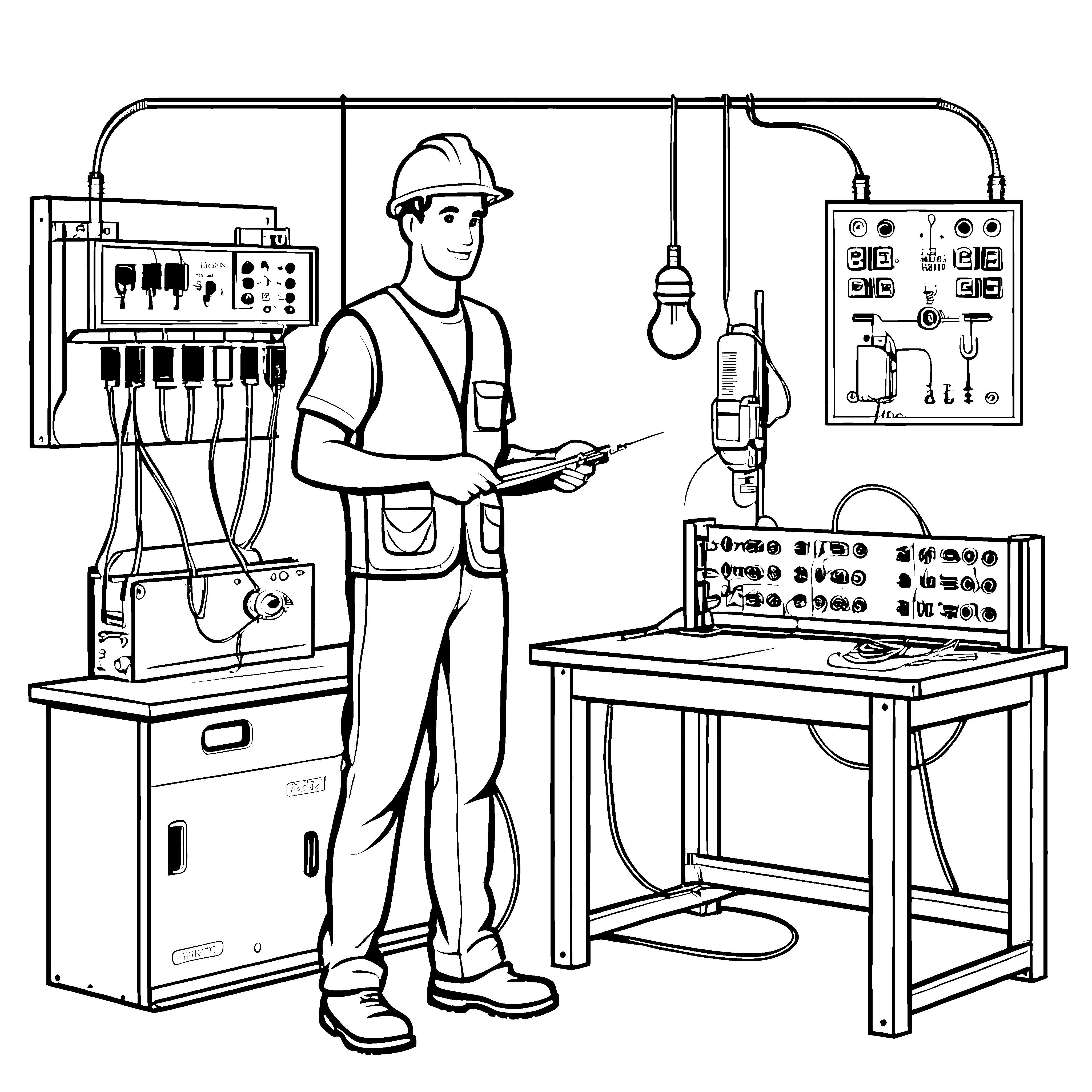 Flinker Elektriker mit spannender Werkbank Ausmalbild für kleine Technikfans