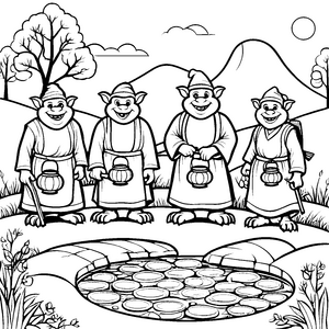 Fröhliche Orks am geheimnisvollen Teich Ausmalmotiv für kleine Abenteurer