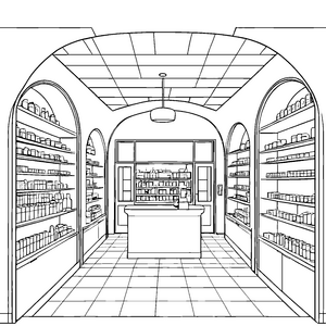 Bezaubernde Apotheke mit vielen Regalen Ausmalvorlage für wissbegierige Entdecker