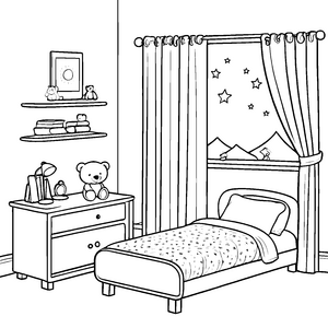 Gemütlicher Nachtschrank mit süßem Teddybär Ausmalbild für kreative Schlafraumgestalter