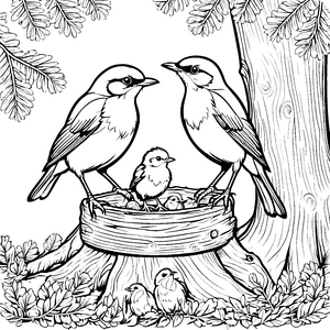 Zwei neugierige Vögel im gemütlichen Nest Malvorlage für kleine Naturfreunde