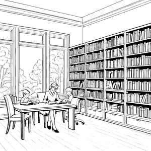 Engagierte Bibliothekare beim gemeinsamen Lesen Ausmalbild für wissenshungrige kleine Forscher